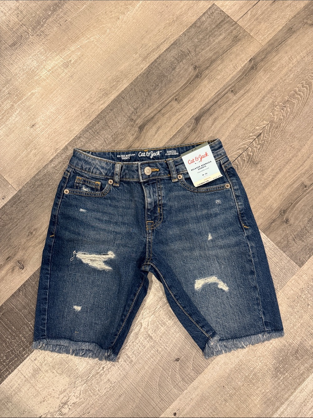 NWT Kids Cat & Jack Dark Blue Distressed Denim Bermuda Shorts with Frayed Hem
